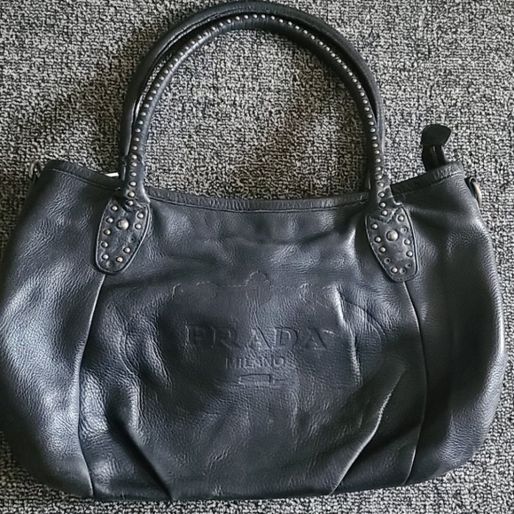 Prada embossed stachel black leather bag AUTHENTIC